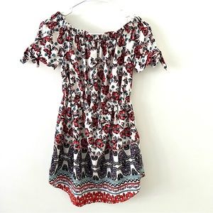 HINT OF BLUSH Off the Shoulder Bohemian Tribal Floral Mini Dress with Sleeve Bow